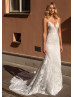 Beaded V Neck Ivory Lace Wedding Dress